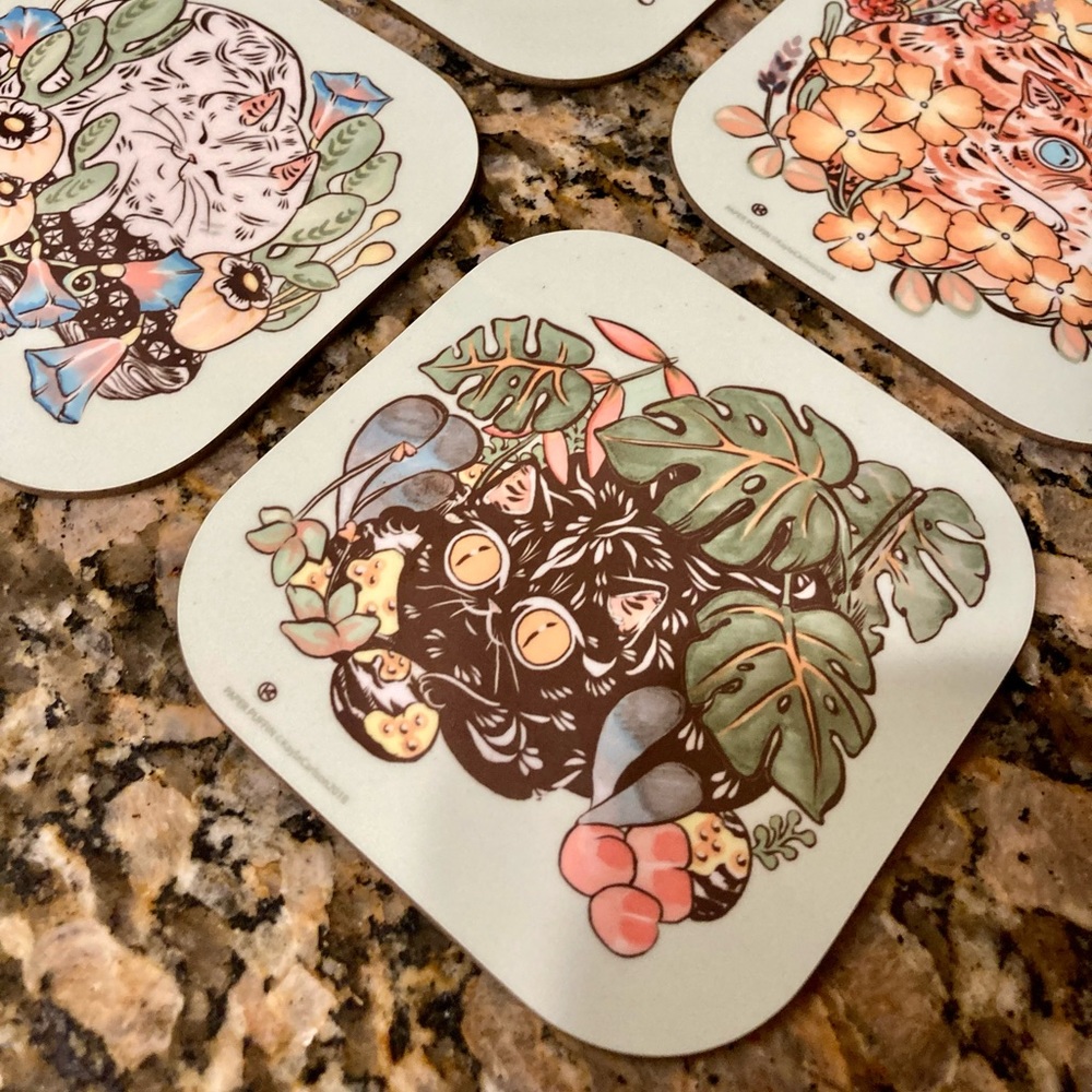 Cute Cat and Plant Coasters (set of 4) - Picture 3 of 7